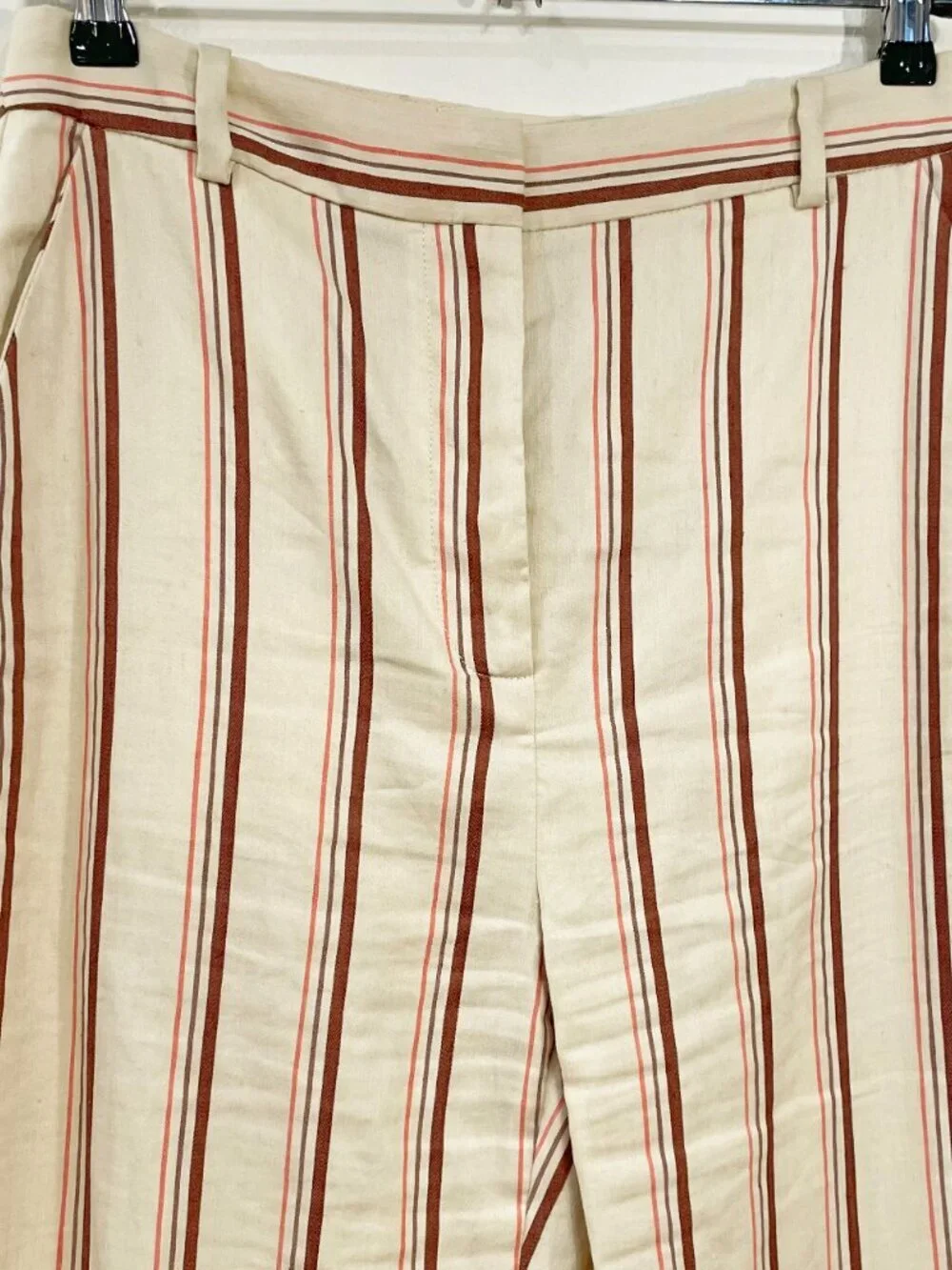 EUC Sezane Matheo Striped Linen Cotton Wide Leg Pant Ecru Brown 38, 6